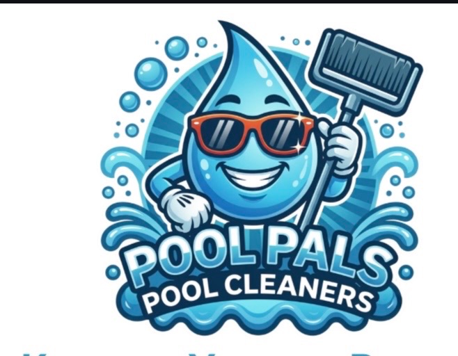 PoolPals Pool Cleaners smiling water-drop mascot holding a pool brush